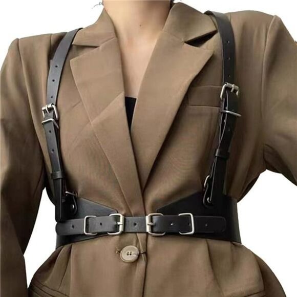 Punk Goth Black Harness Waist Belt Leather Body Chain Adjustable Rave - Picture 1 of 7